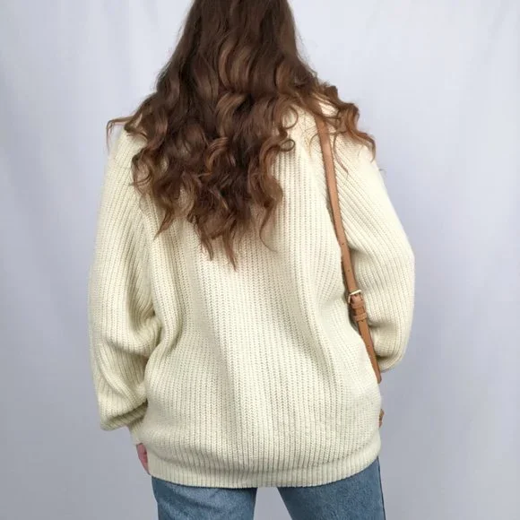 Vintage Oversized Slouchy Ribbed Cable Knit Crew Neck Sweater Preppy Academia - Picture 4 of 8